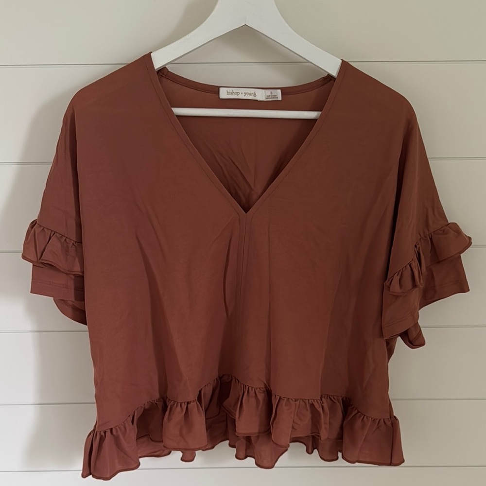 Bishop + Young Brown Ruffled Crop Blouse